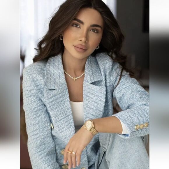 ZARA BLOGGERS FAV  NEW DOUBLE BREASTED TEXTURED WEAVE blazer SKY BLUE 7553 144 - Picture 2 of 6